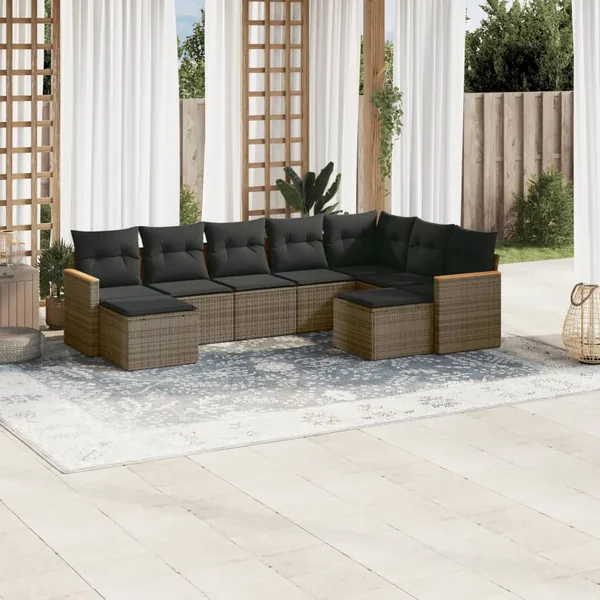Salon de jardin 9 pcs avec coussins gris résine tressée