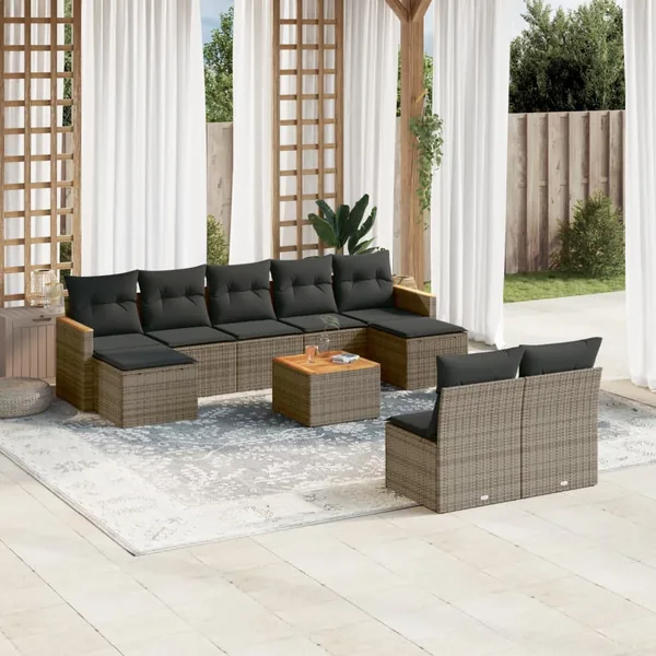 Salon de jardin avec coussins 10 pcs gris résine tressée