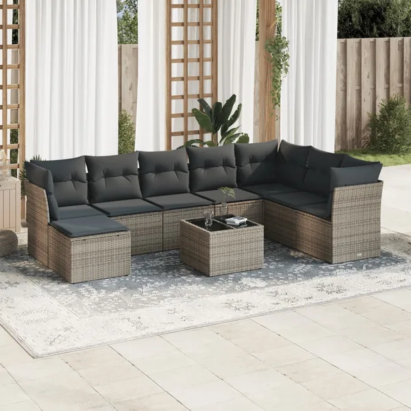Salon de jardin 9 pcs avec coussins gris résine tressée