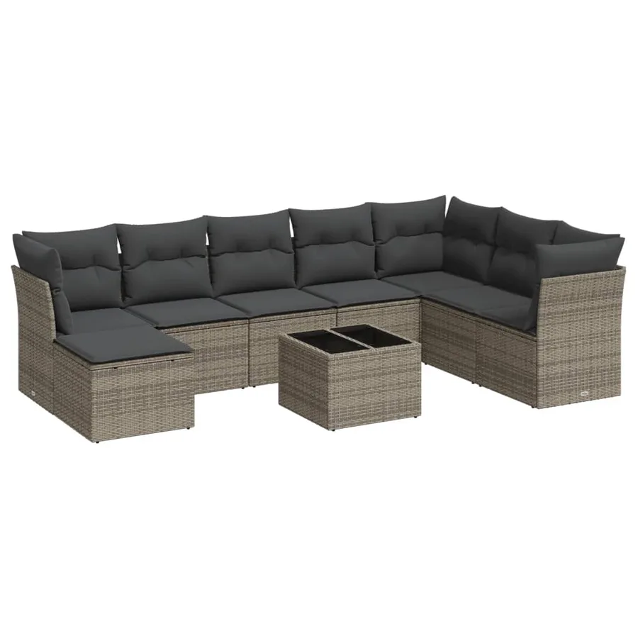 Salon de jardin 9 pcs avec coussins gris résine tressée - 2