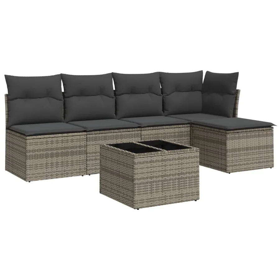 Salon de jardin 6 pcs avec coussins gris résine tressée - 2
