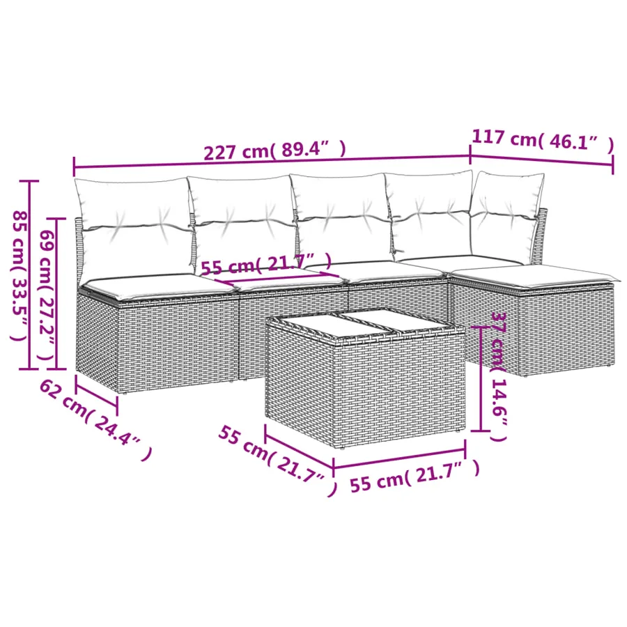 Salon de jardin 6 pcs avec coussins gris résine tressée - 3