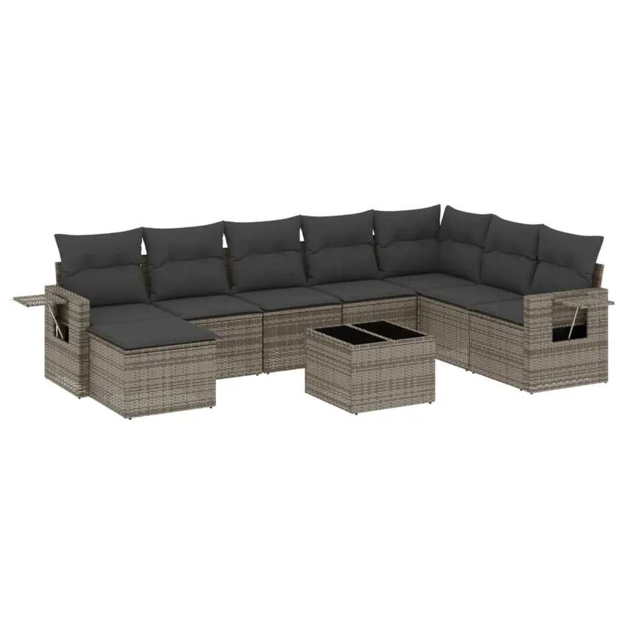 Salon de jardin 9 pcs avec coussins gris résine tressée - 2