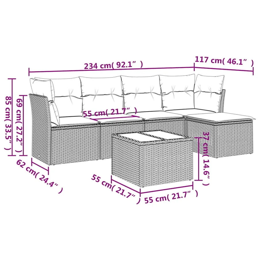 Salon de jardin 6 pcs avec coussins gris résine tressée - 3