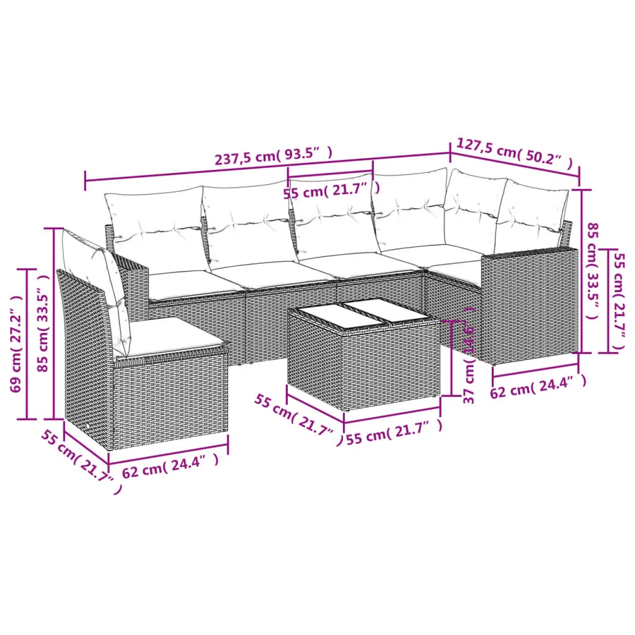 Salon de jardin avec coussins 7 pcs gris résine tressée - 3