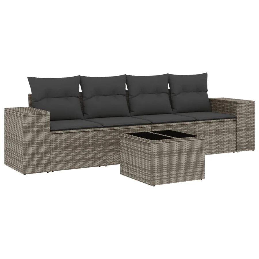 Salon de jardin 5 pcs avec coussins gris résine tressée - 2