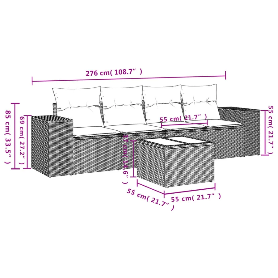 Salon de jardin 5 pcs avec coussins gris résine tressée - 6