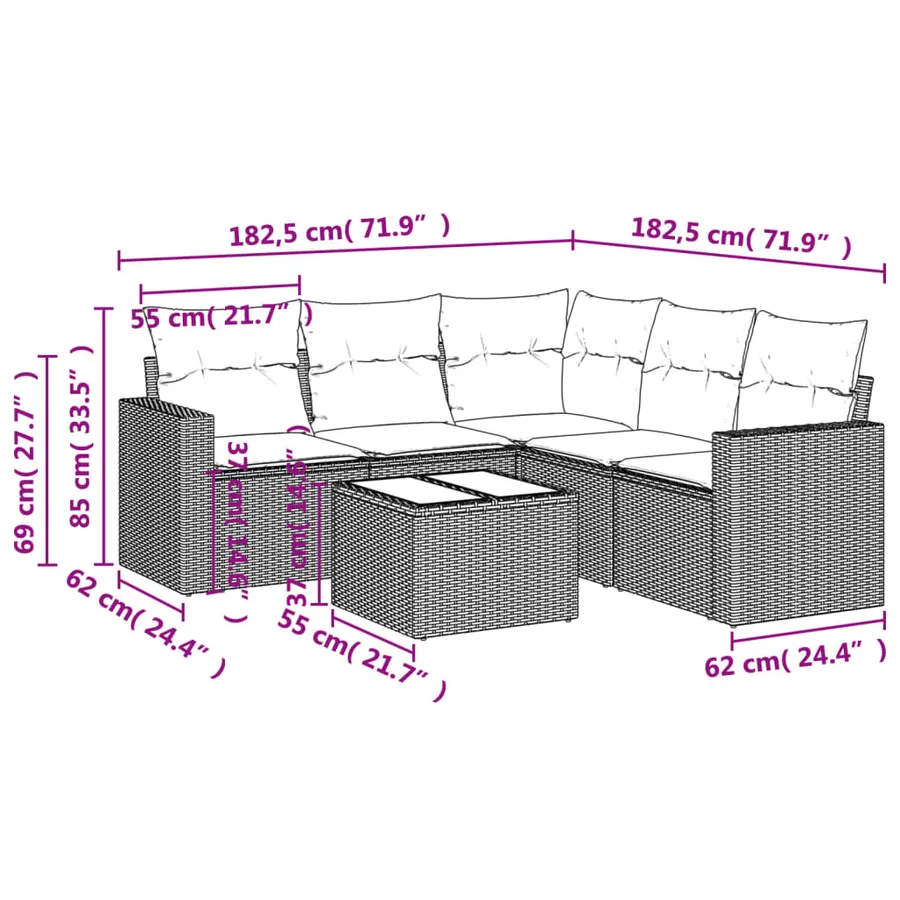 Salon de jardin 6 pcs avec coussins gris résine tressée - 3