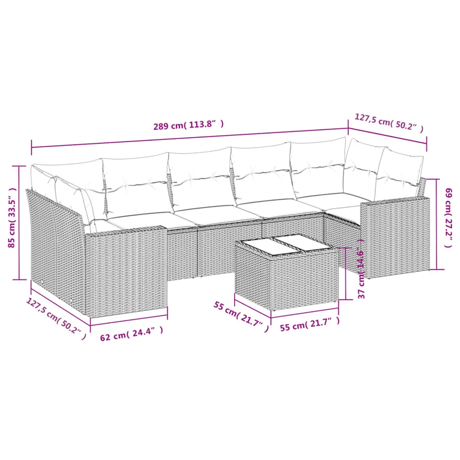 Salon de jardin 8 pcs avec coussins gris résine tressée - 3