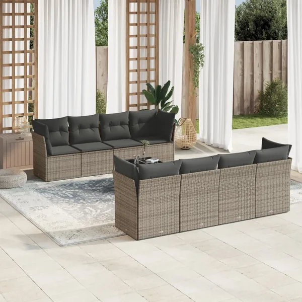 Salon de jardin 9 pcs avec coussins gris résine tressée
