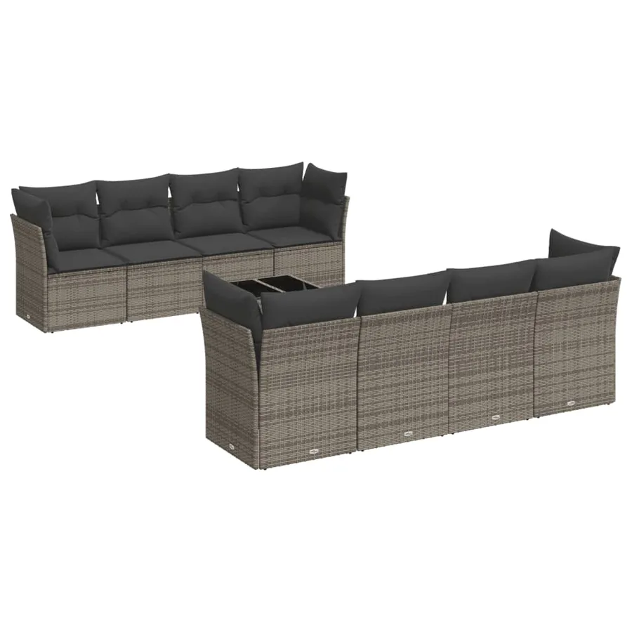 Salon de jardin 9 pcs avec coussins gris résine tressée - 2