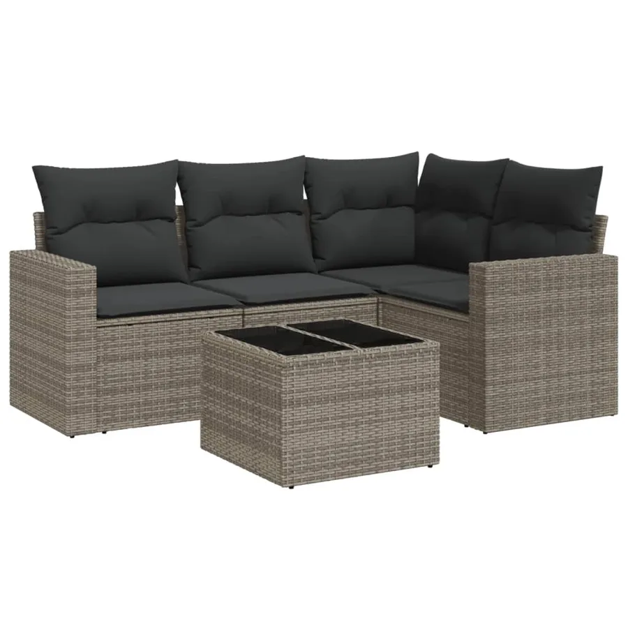 Salon de jardin 5 pcs avec coussins gris résine tressée - 2