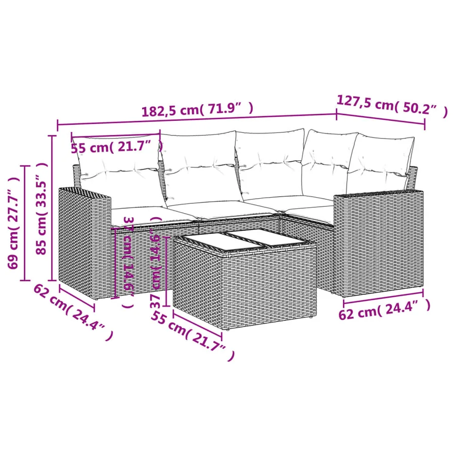 Salon de jardin 5 pcs avec coussins gris résine tressée - 3