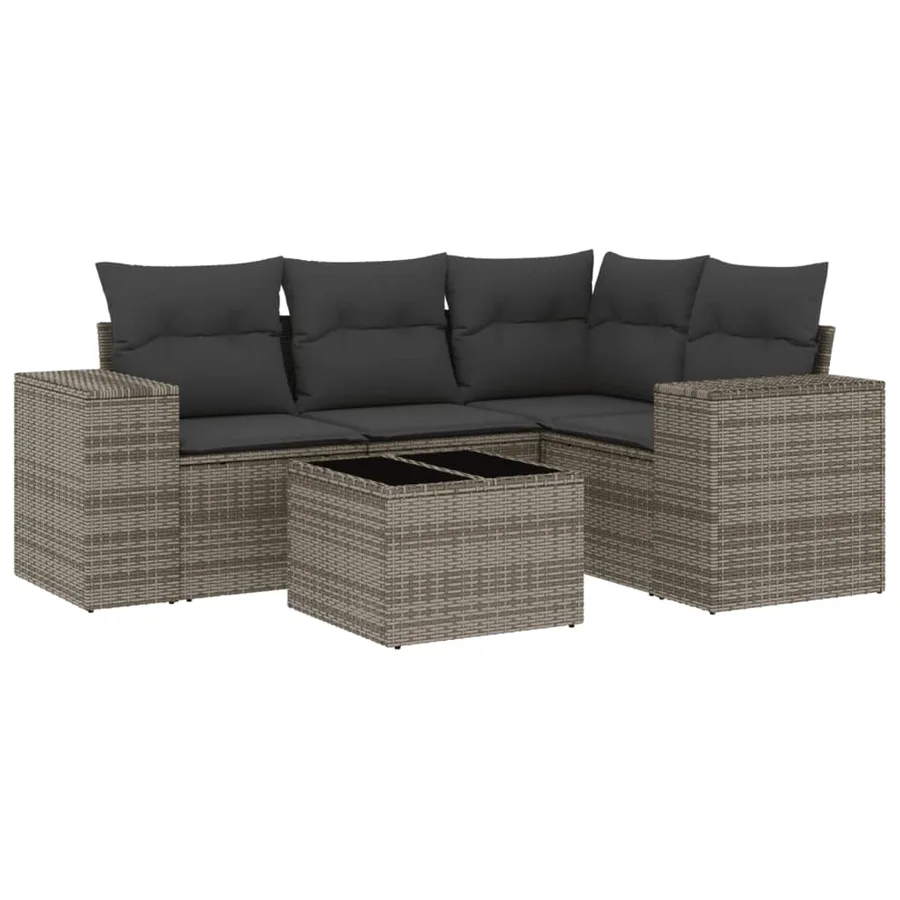 Salon de jardin 5 pcs avec coussins gris résine tressée - 2
