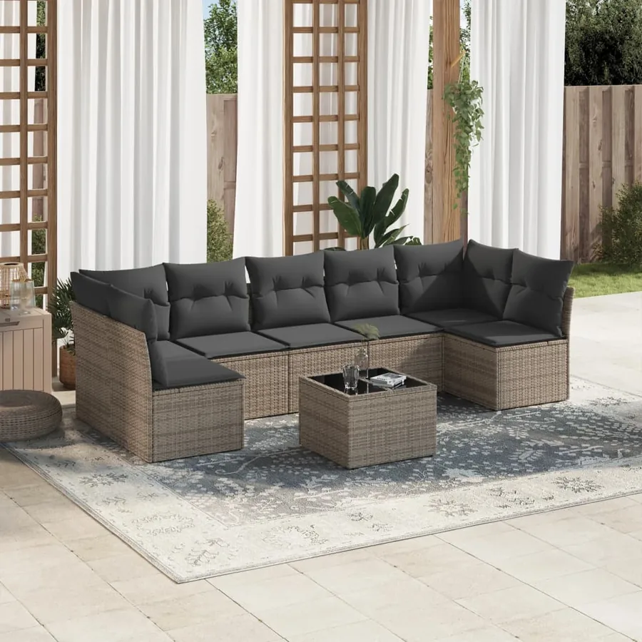 Salon de jardin 8 pcs avec coussins gris résine tressée