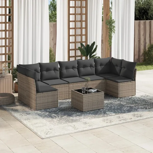 Salon de jardin 8 pcs avec coussins gris résine tressée