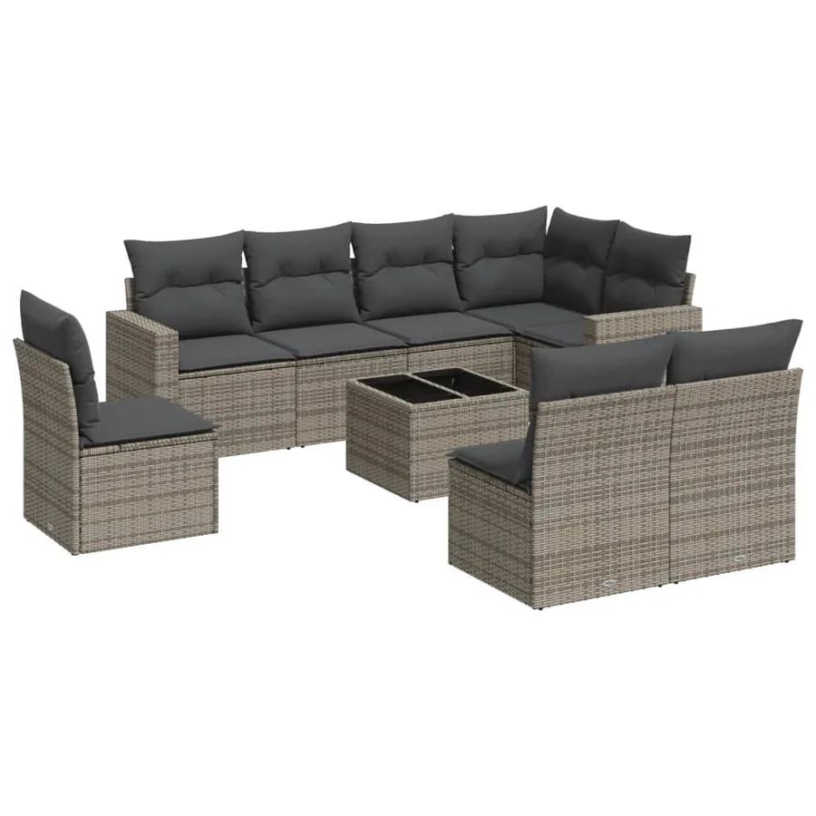 Salon de jardin 9 pcs avec coussins gris résine tressée - 2
