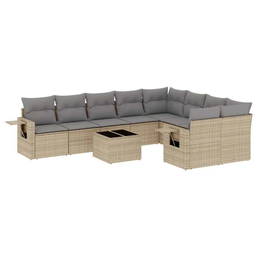 Salon de jardin avec coussins 10 pcs beige résine tressée - 2
