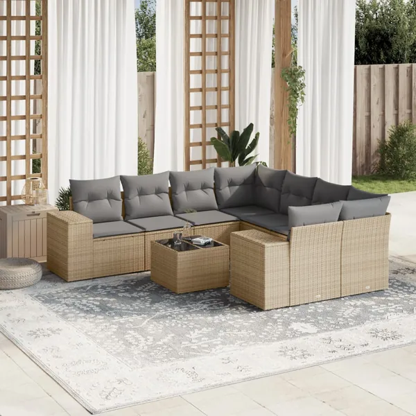 Salon de jardin avec coussins 9 pcs beige résine tressée