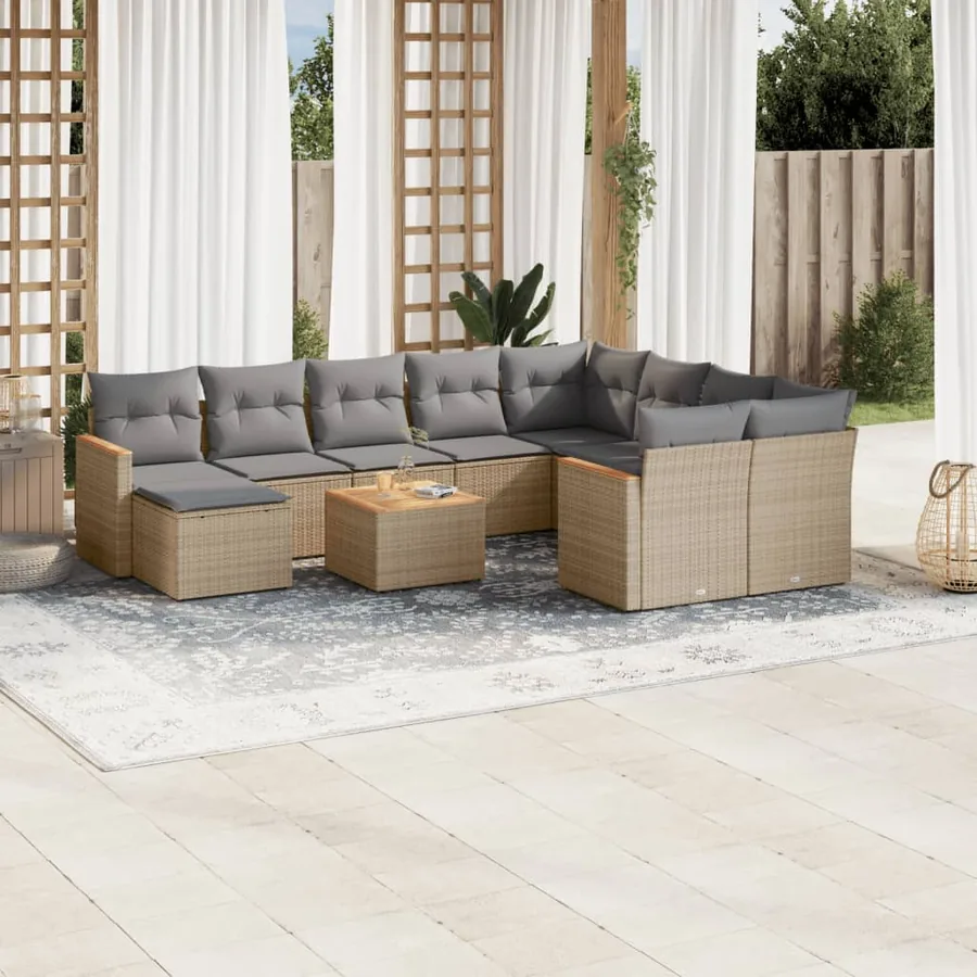 Salon de jardin 11 pcs avec coussins beige résine tressée
