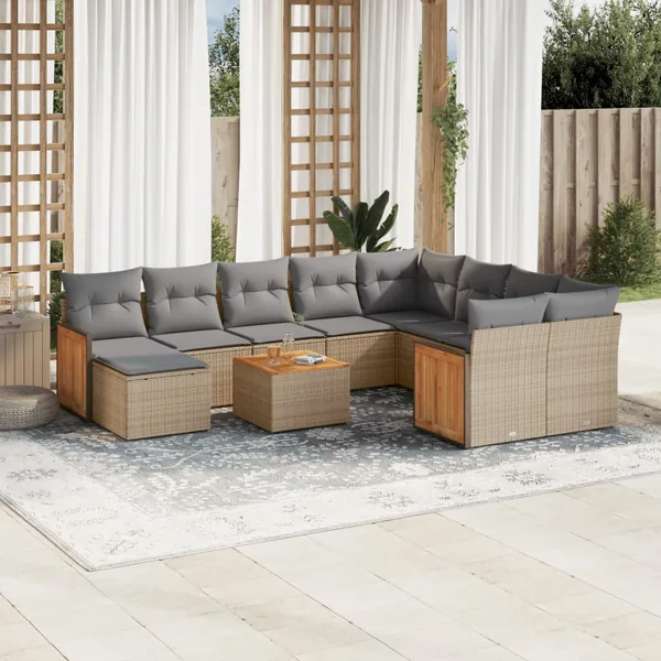 Salon de jardin 11 pcs avec coussins beige résine tressée