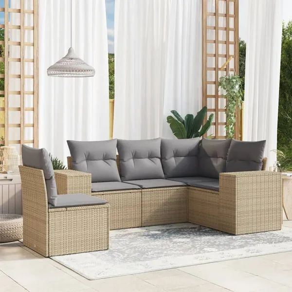 Salon de jardin avec coussins 5 pcs beige résine tressée