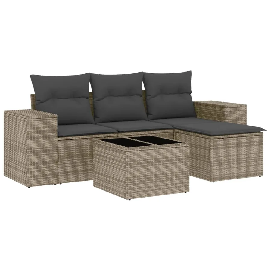 Salon de jardin 5 pcs avec coussins gris résine tressée - 2
