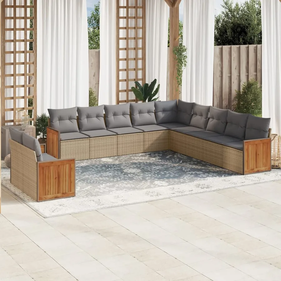 Salon de jardin 11 pcs avec coussins beige résine tressée