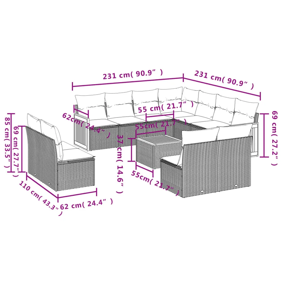 Salon de jardin avec coussins 12 pcs beige résine tressée - 3