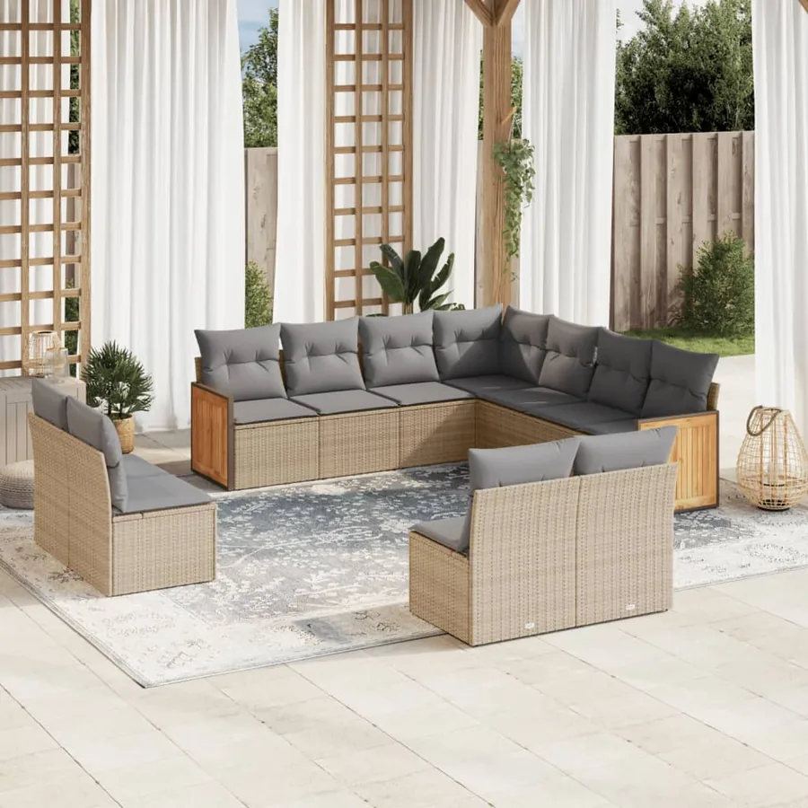 Salon de jardin 11 pcs avec coussins beige résine tressée