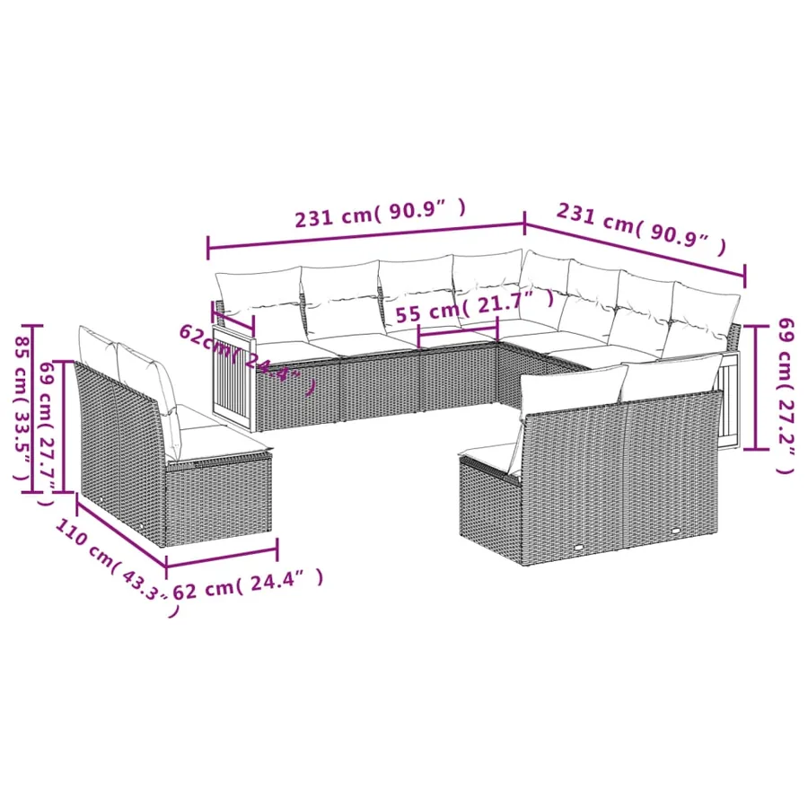 Salon de jardin 11 pcs avec coussins beige résine tressée - 3