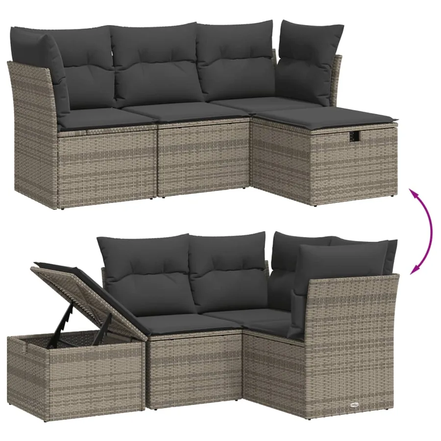 Salon de jardin 4 pcs avec coussins gris résine tressée - 3