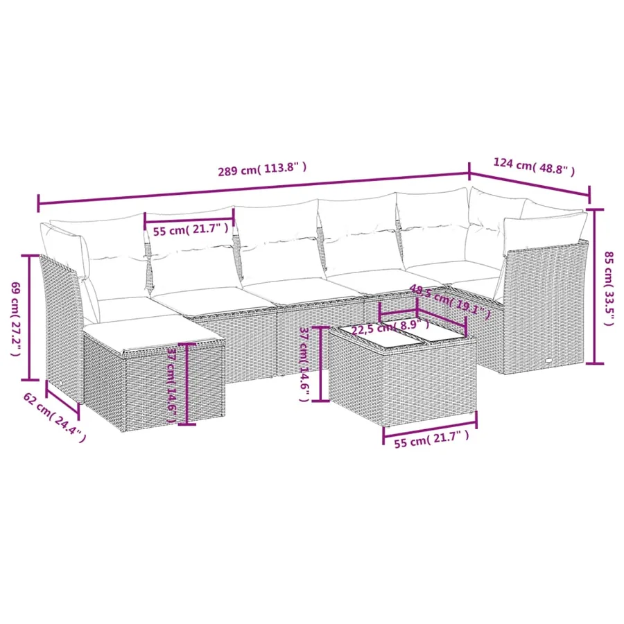 Salon de jardin 8 pcs avec coussins gris résine tressée - 4