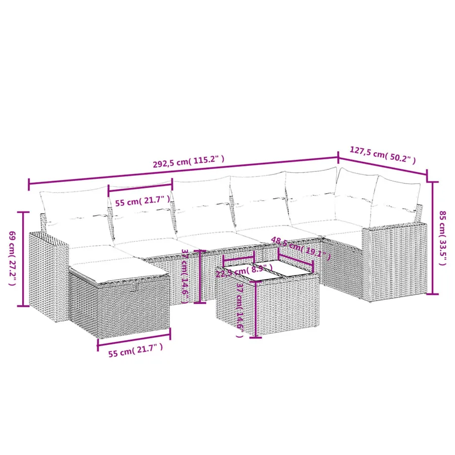 Salon de jardin 8 pcs avec coussins gris résine tressée - 4