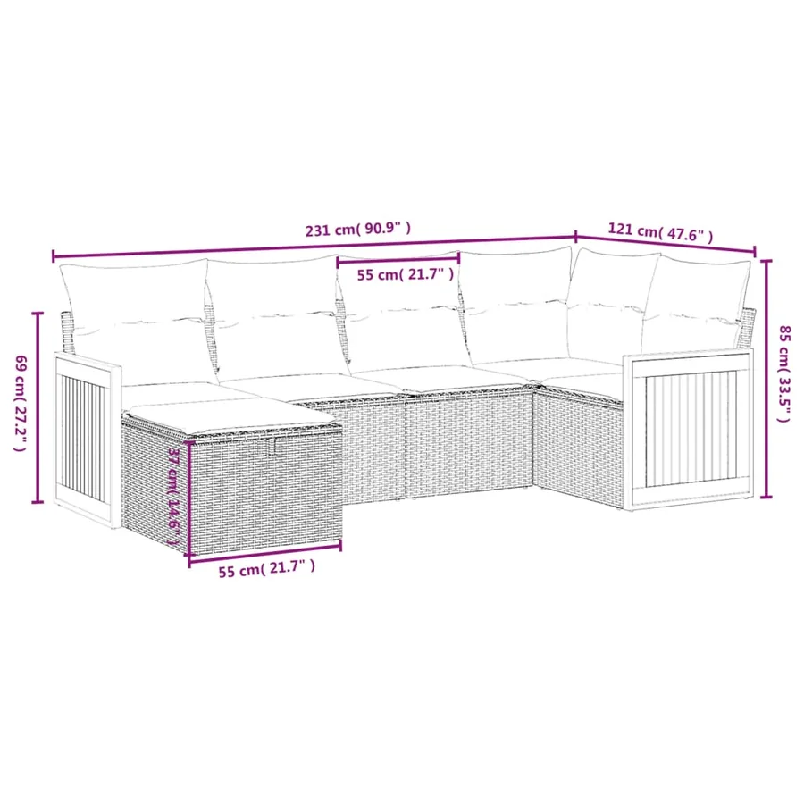 Salon de jardin 6 pcs avec coussins gris résine tressée - 4