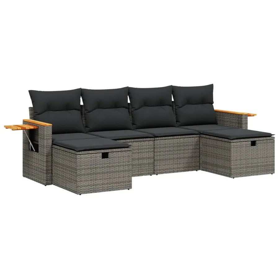 Salon de jardin 6 pcs avec coussins gris résine tressée - 2