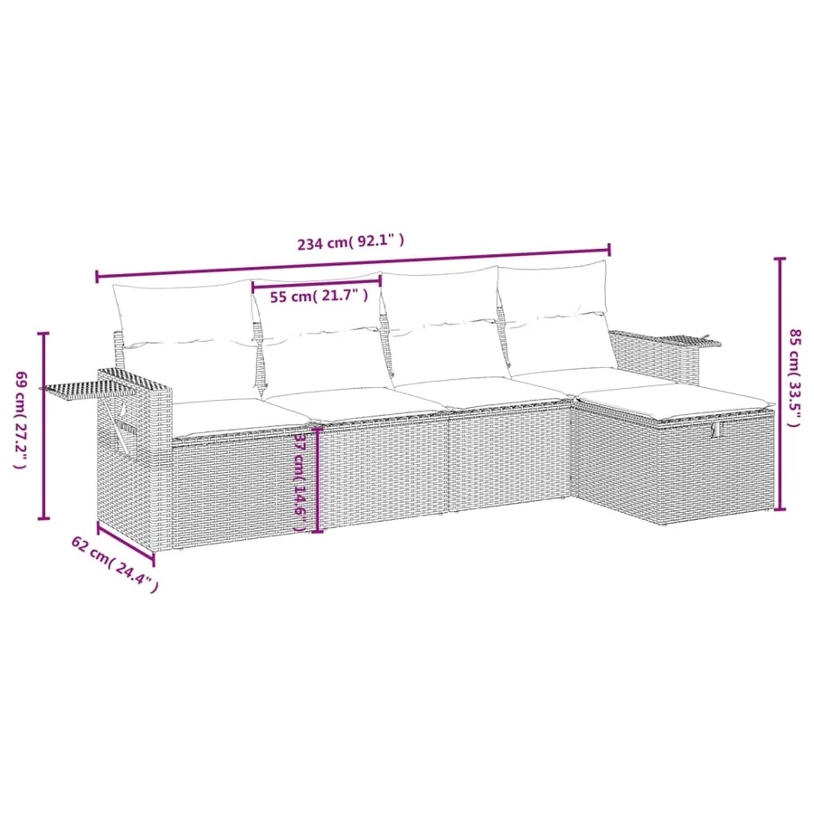 Salon de jardin 5 pcs avec coussins gris résine tressée - 4