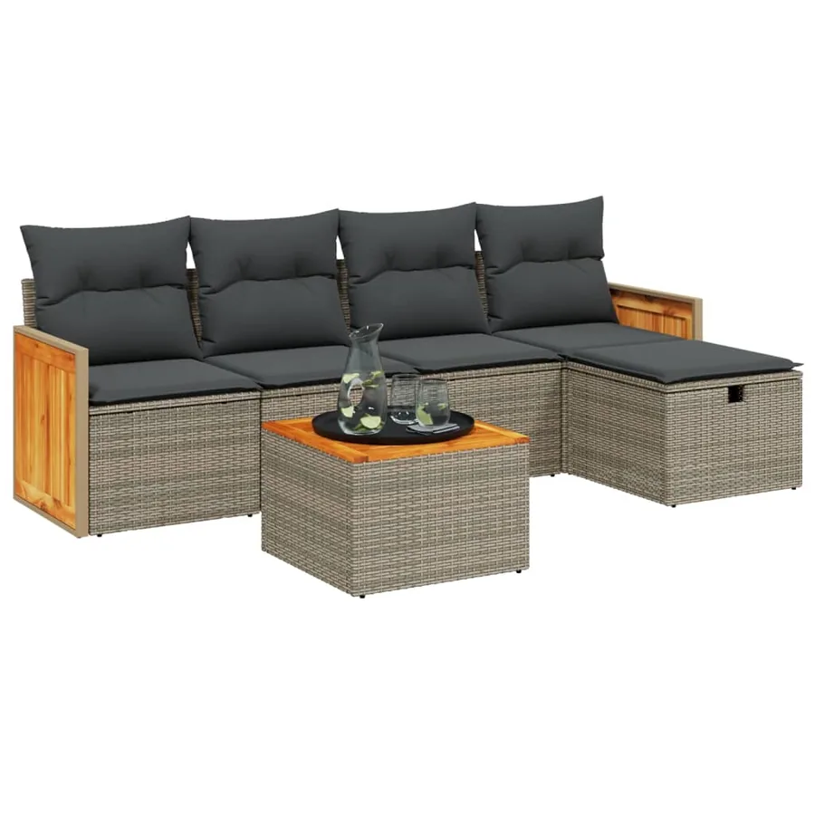 Salon de jardin 6 pcs avec coussins gris résine tressée - 2