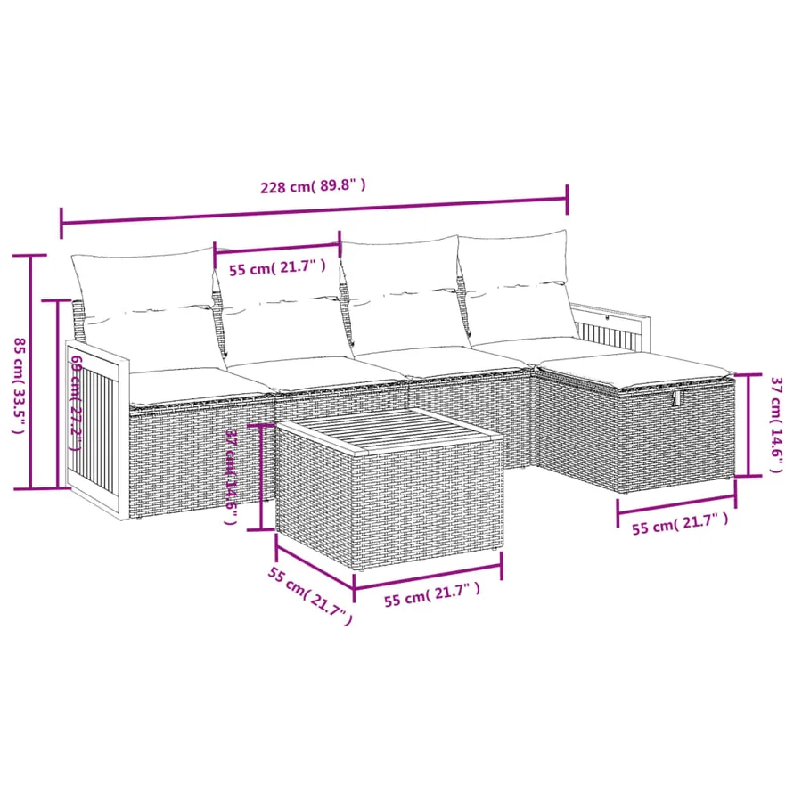 Salon de jardin 6 pcs avec coussins gris résine tressée - 4