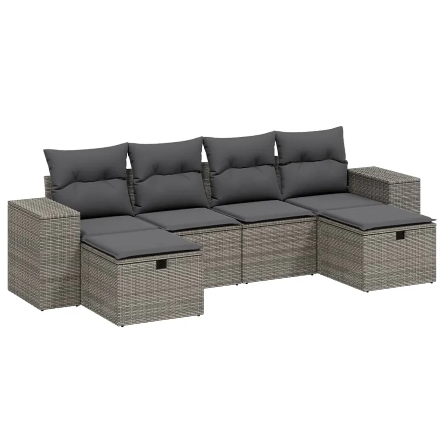 Salon de jardin 6 pcs avec coussins gris résine tressée - 2