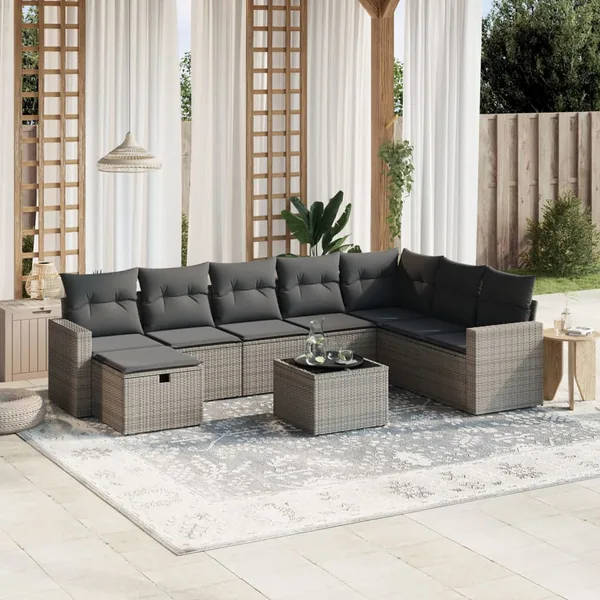 Salon de jardin 9 pcs avec coussins gris résine tressée