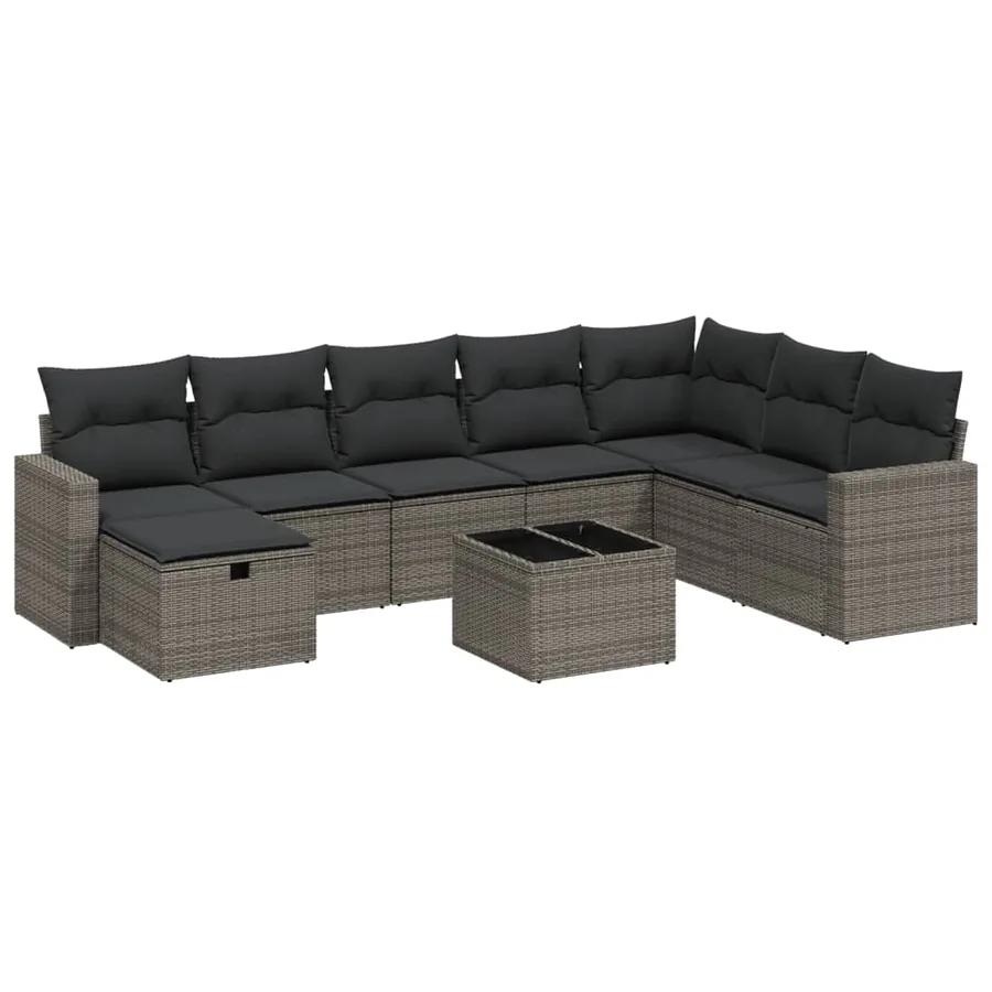Salon de jardin 9 pcs avec coussins gris résine tressée - 2