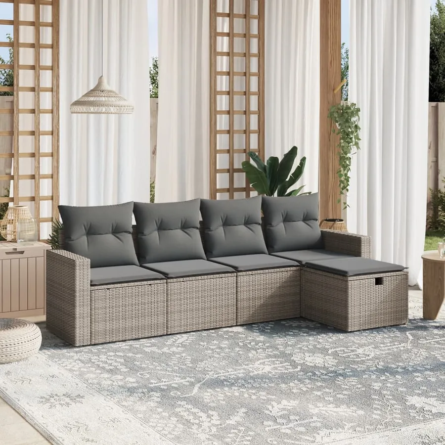 Salon de jardin 5 pcs avec coussins gris résine tressée