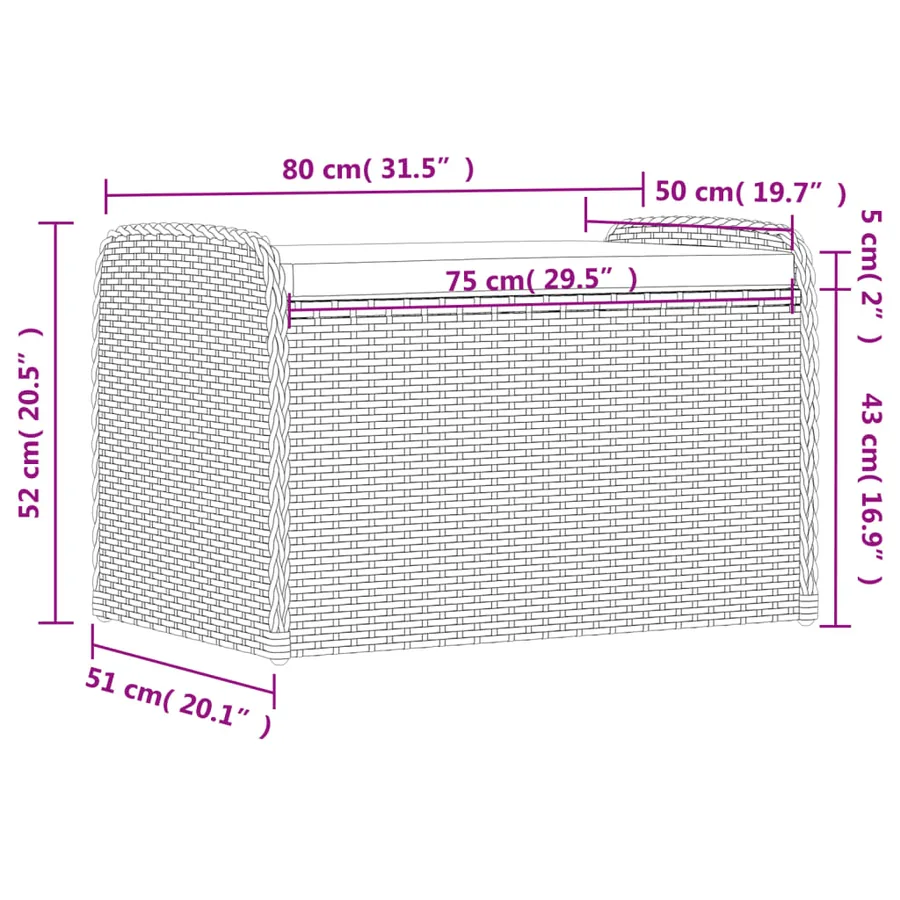 Banc de rangement avec coussin gris 80x51x52 cm résine tressée - 11