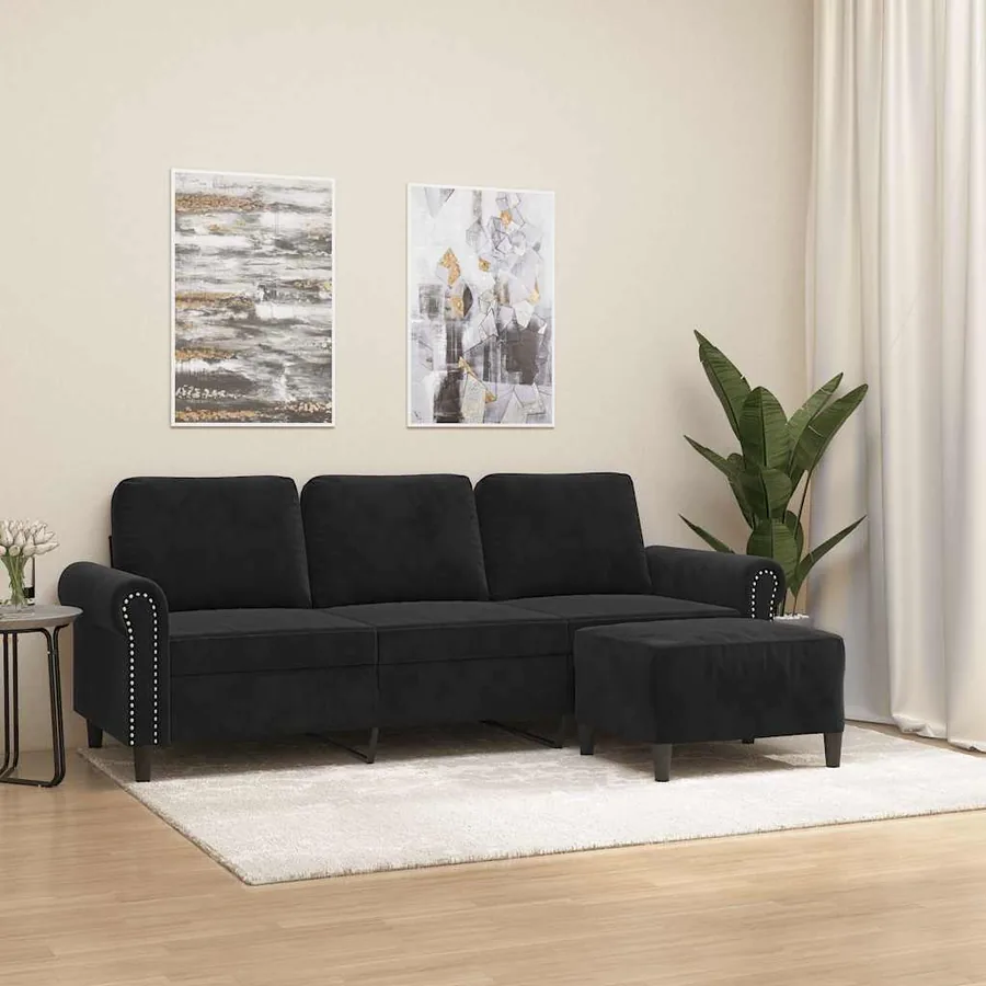 Canapé à 3 places avec repose-pieds Noir 180 cm Velours