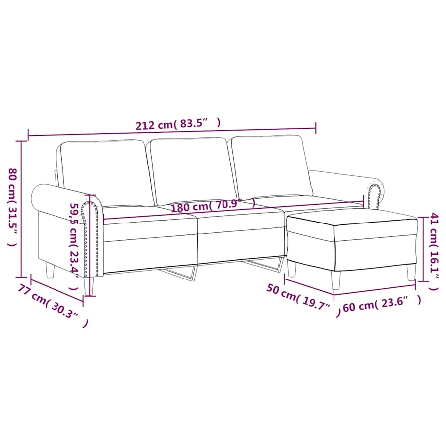 Canapé à 3 places avec repose-pieds Noir 180 cm Velours - 7