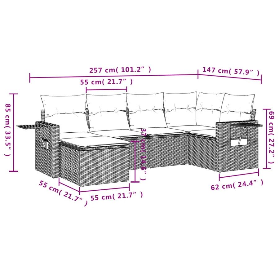 Salon de jardin 6 pcs avec coussins noir résine tressée - 3