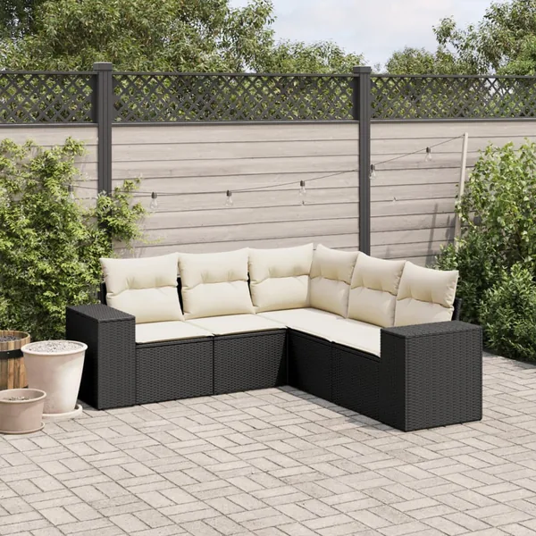 Salon de jardin 5 pcs avec coussins noir résine tressée