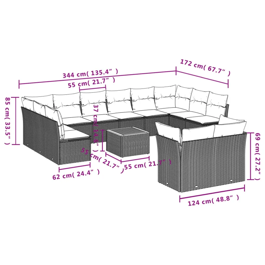 Salon de jardin avec coussins 13 pcs noir résine tressée - 10