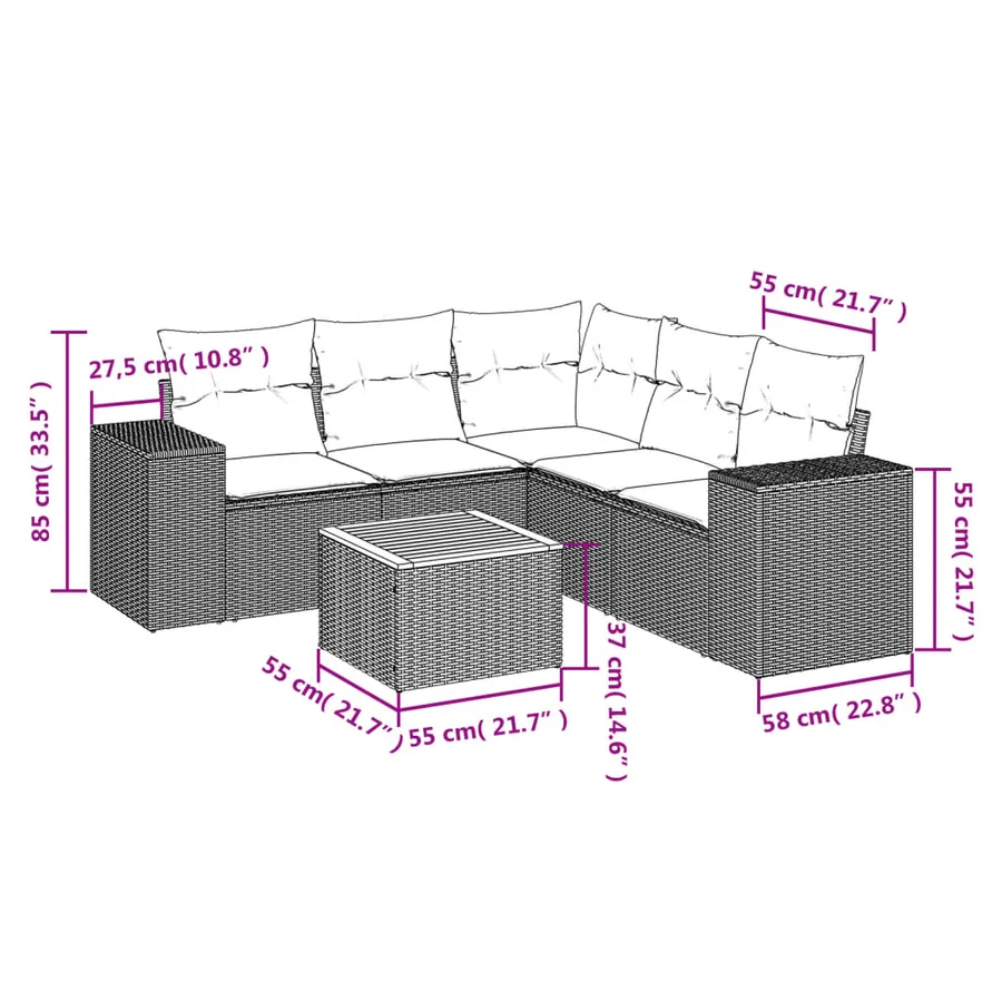 Salon de jardin 6 pcs avec coussins noir résine tressée - 3